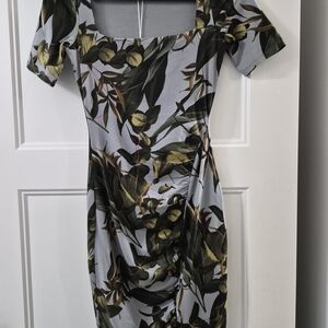 Guess Scoop Neck Midi Dress in Light Gray with Olive Leaf Print
